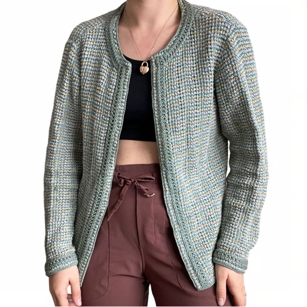 Peruvian Connection Green Blue Yellow Pima Cotton Knit Cardigan Jacket Womens XS